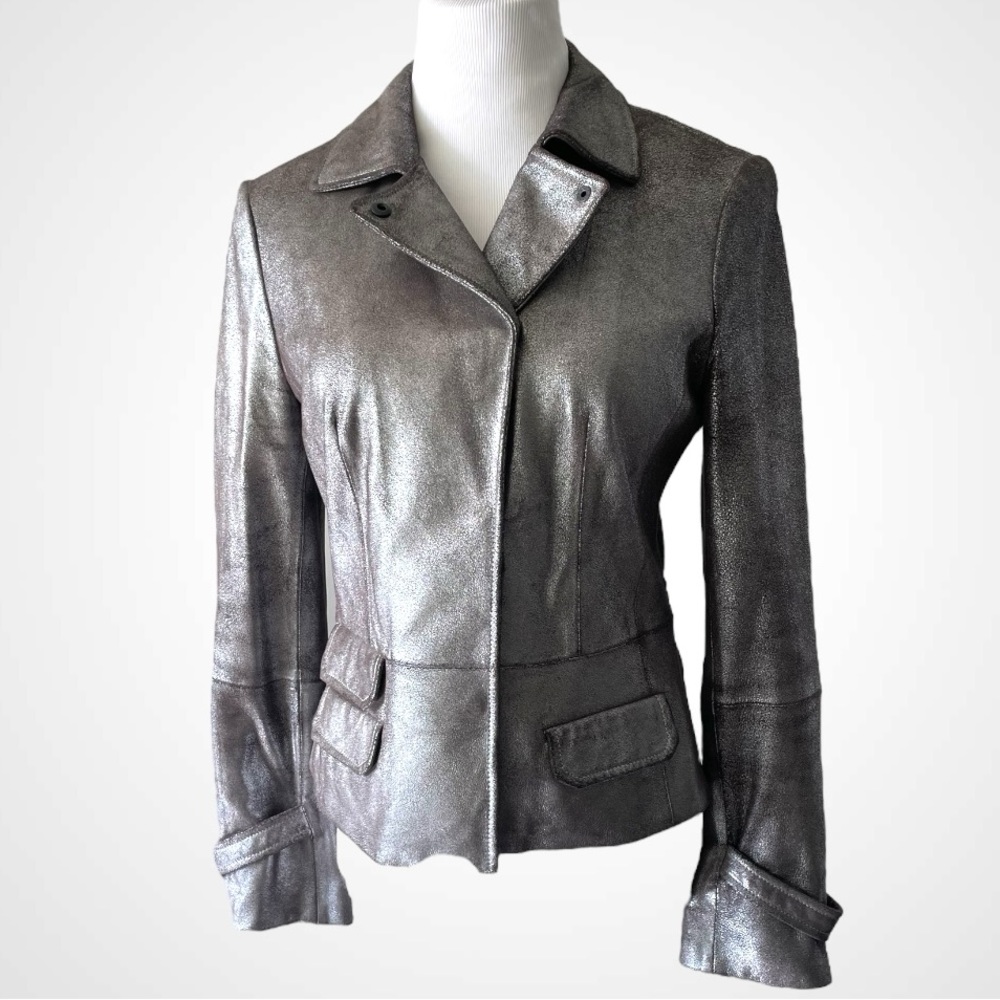 WORTH NEW YORK GUNMETAL SILVER LEATHER MOTO DISTRESSED JACKET SIZE 8